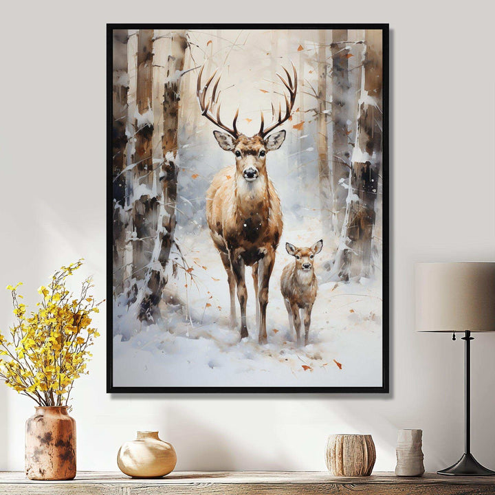 Deer family in the winter wonderland - Animals Canvas Wall Art
