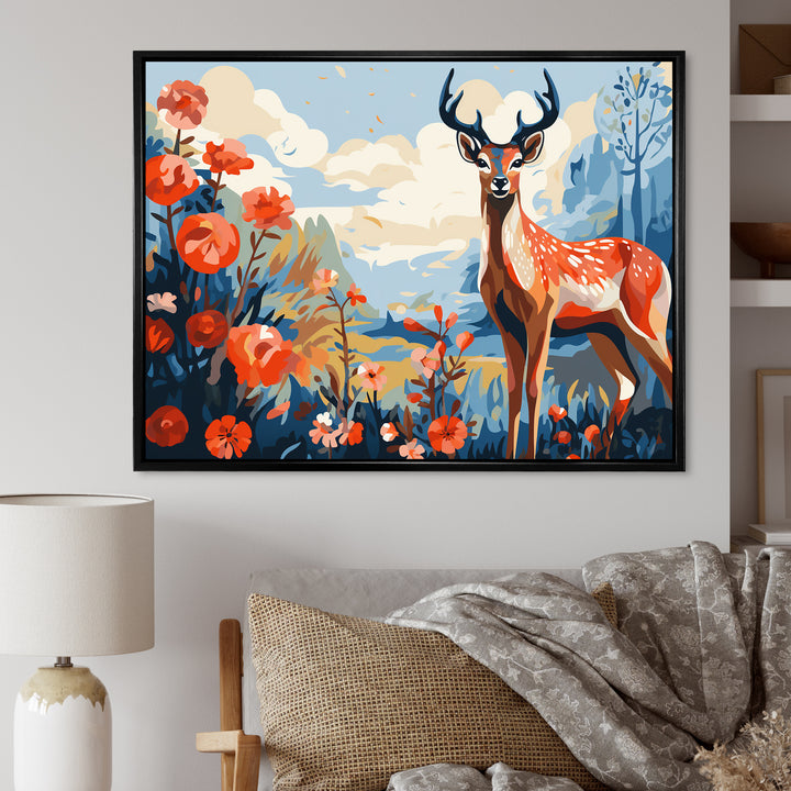 Red and blue Deer in forest - Deer Landscape Wall Art Prints