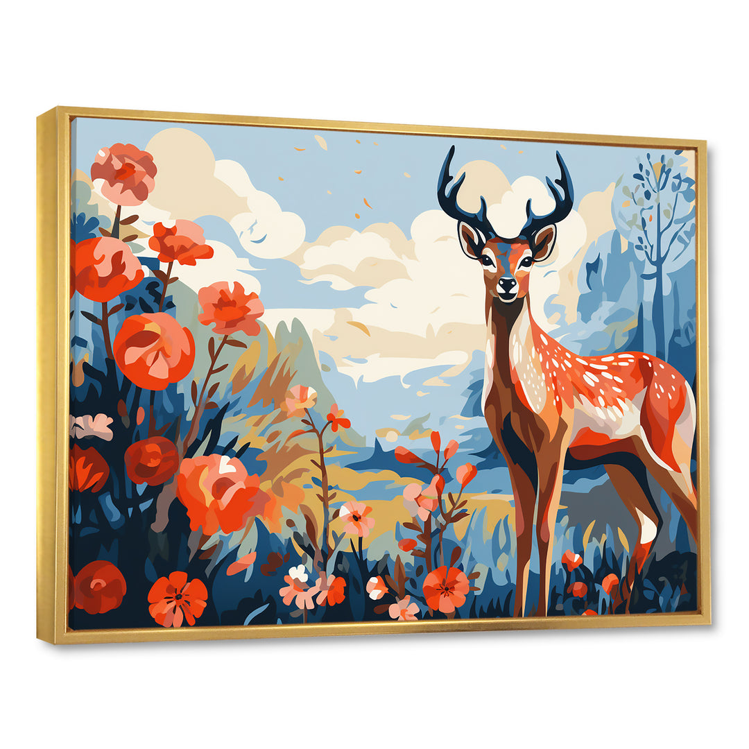 Red and blue Deer in forest - Deer Landscape Wall Art Prints
