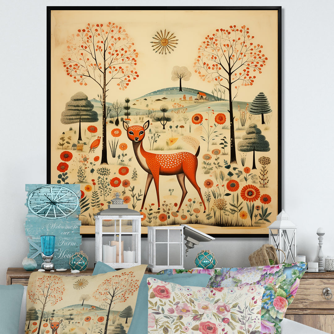 Vintage orange and green Deer pattern - Deer Living Room Wall Art