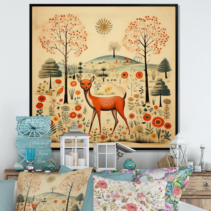 Vintage orange and green Deer pattern - Deer Living Room Wall Art