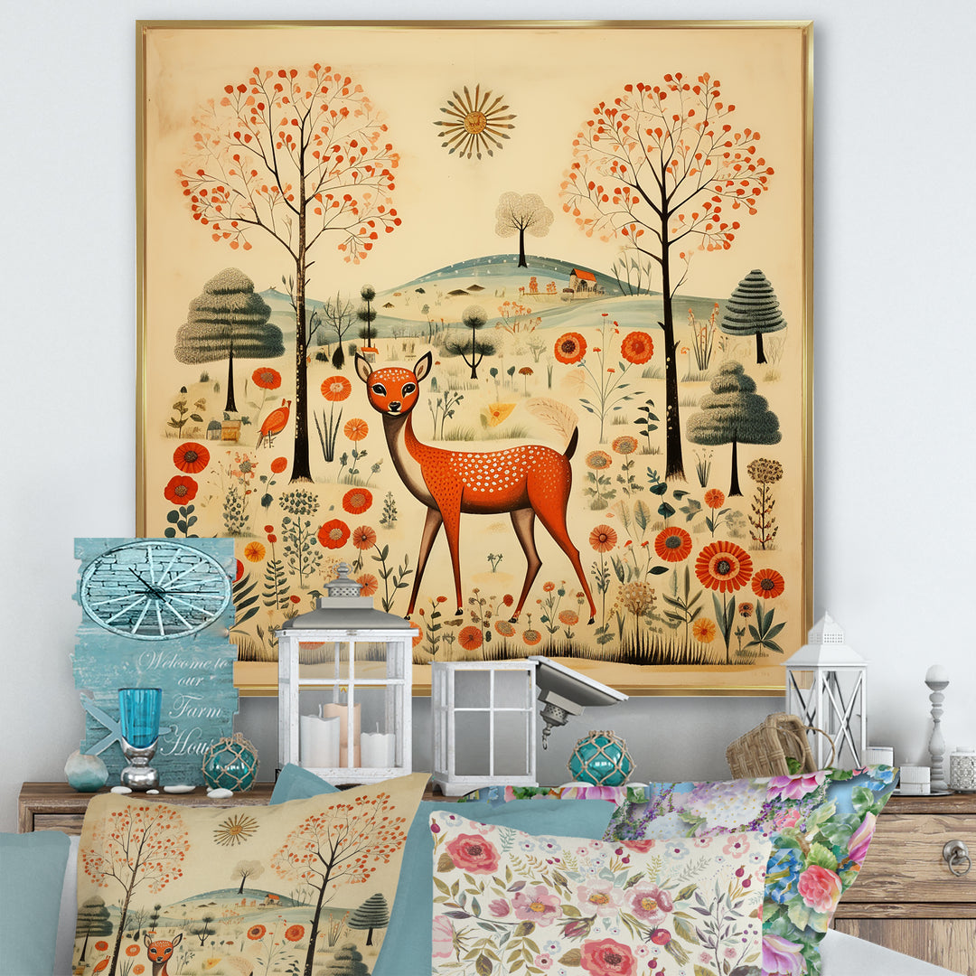 Vintage orange and green Deer pattern - Deer Living Room Wall Art