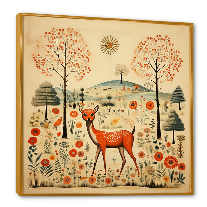 Vintage orange and green Deer pattern - Deer Living Room Wall Art