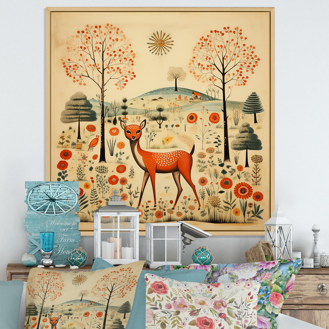 Vintage orange and green Deer pattern - Deer Living Room Wall Art