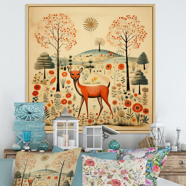 Vintage orange and green Deer pattern - Deer Living Room Wall Art