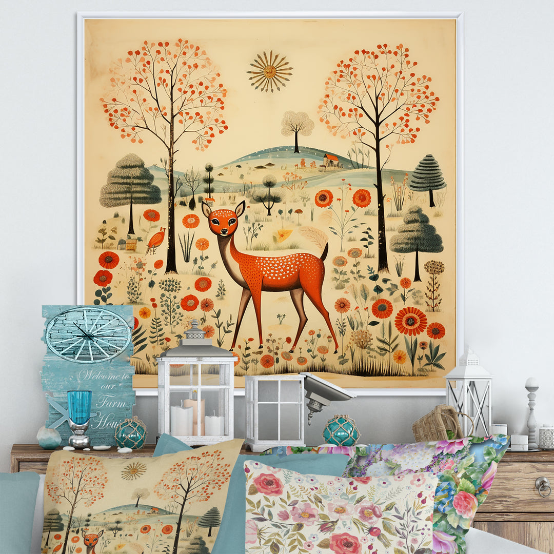 Vintage orange and green Deer pattern - Deer Living Room Wall Art