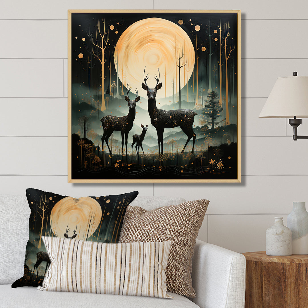 Wondering night deer family elegance - Deer Landscape Canvas Wall Art