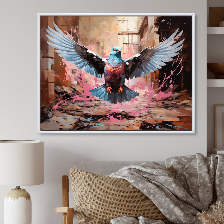Blue and pink Pigeon in Flight - Pink Pigeon Wall Art