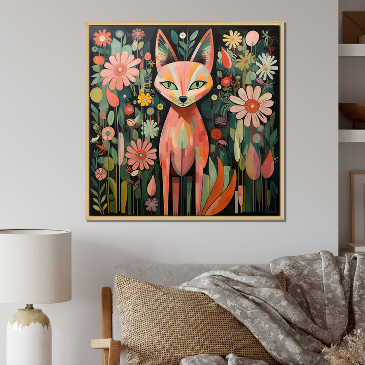 Pink and green fox in matisse style - Fox Wall Art Prints