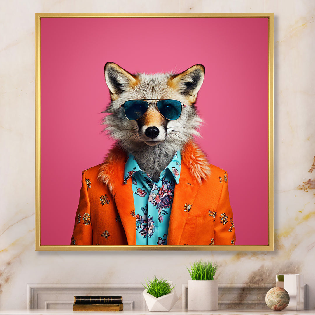Orange and pink suited up fox fashion - Fox Large Canvas Wall Art