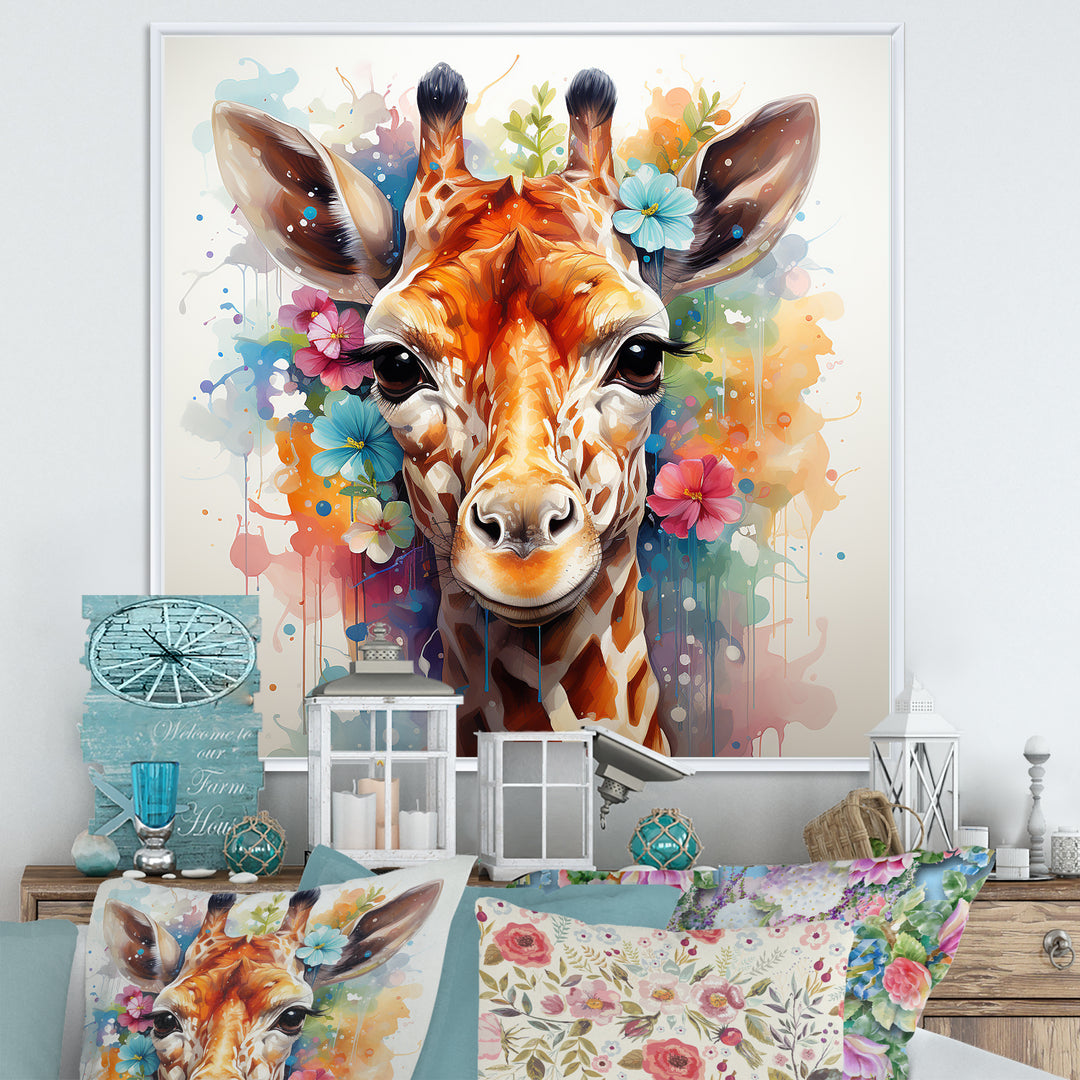 Colorful floral Giraffe Portrait - Giraffe Wall Art Prints