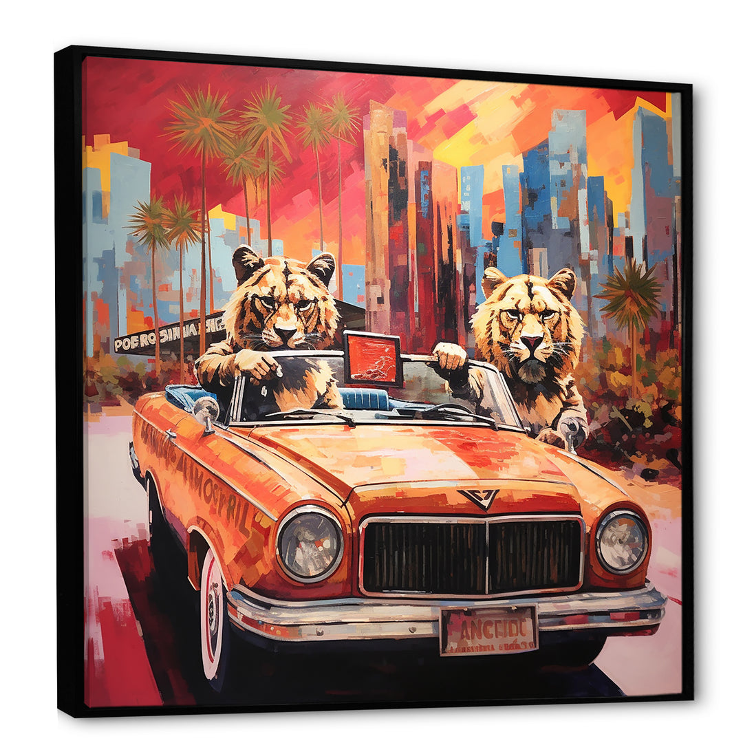 Lions riding in convertible - Lion Large Canvas Wall Art