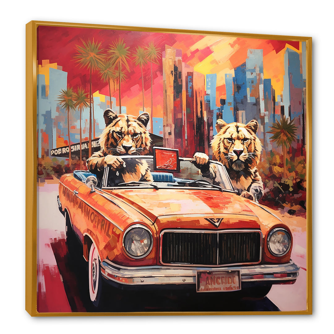 Lions riding in convertible - Lion Large Canvas Wall Art