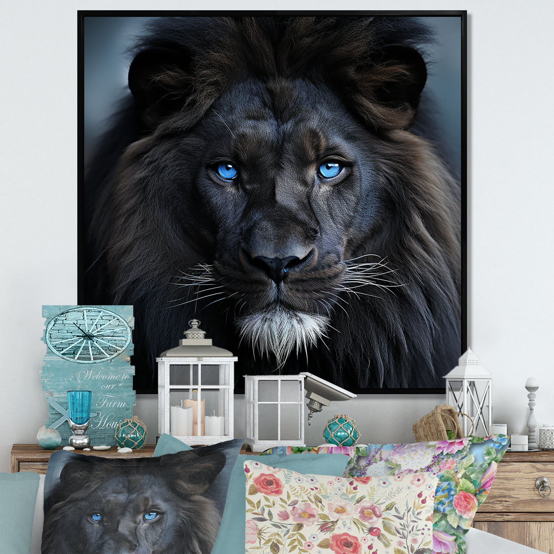 Midnight black and blue lion - Lion Canvas Wall Art