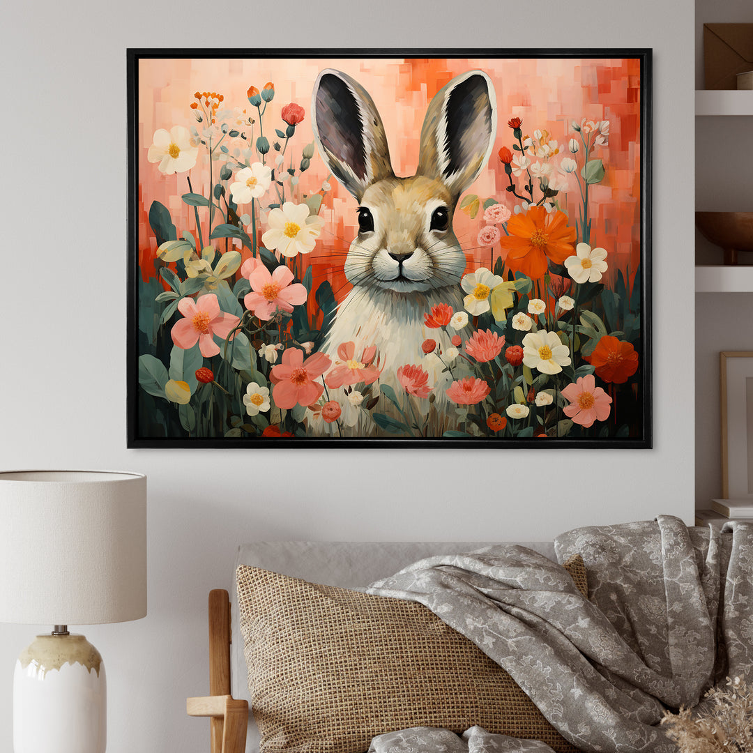 Pink Rabbit flower meadows - Rabbit Framed Canvas Art