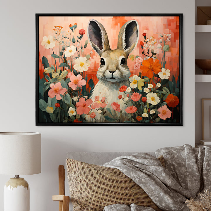 Pink Rabbit flower meadows - Rabbit Framed Canvas Art