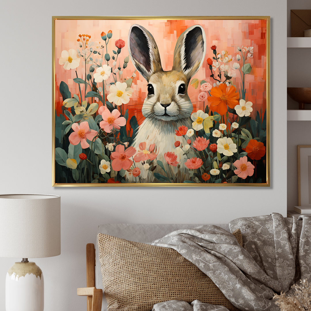 Pink Rabbit flower meadows - Rabbit Framed Canvas Art