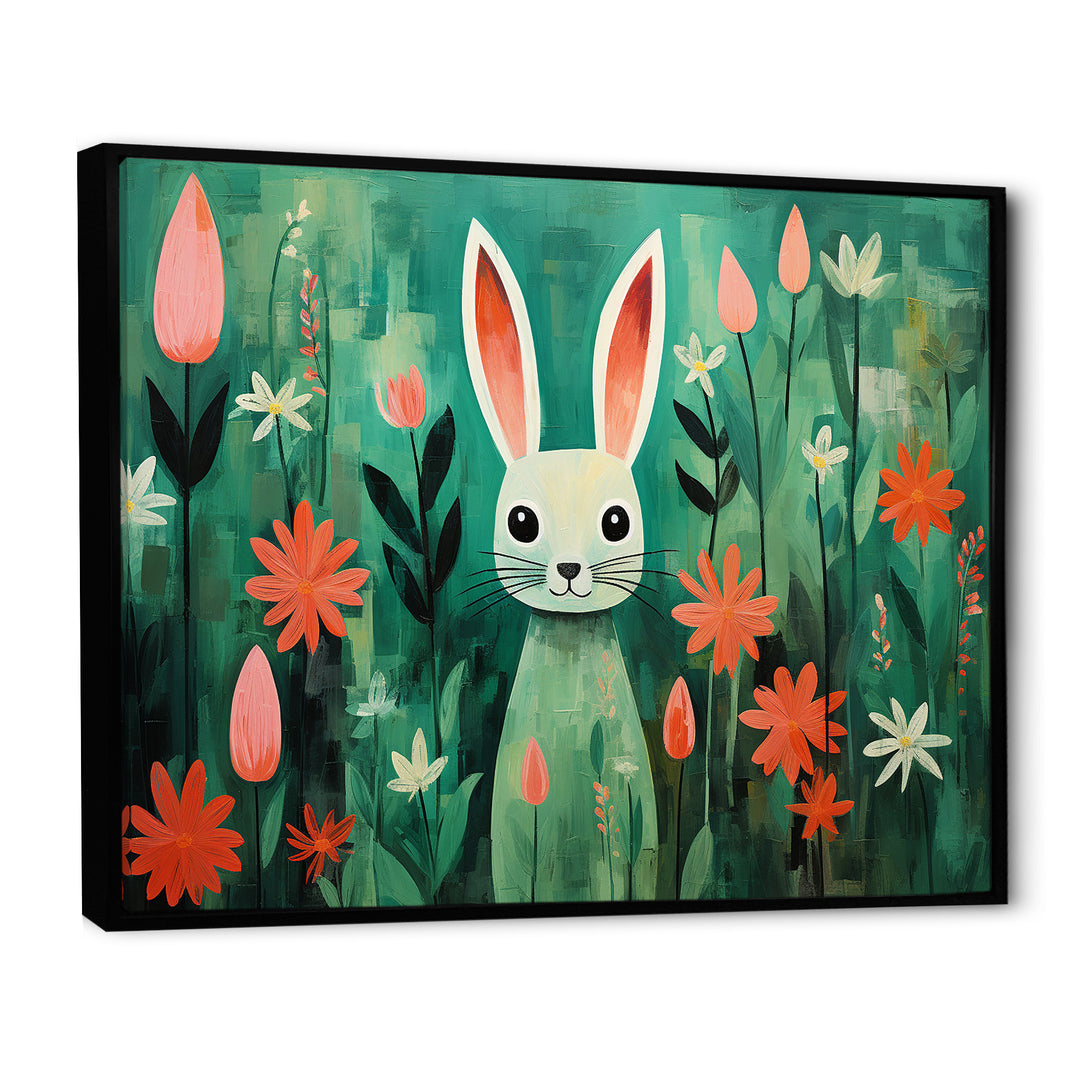 Green and pink Rabbit flower meadows - Rabbit Large Canvas Wall Art