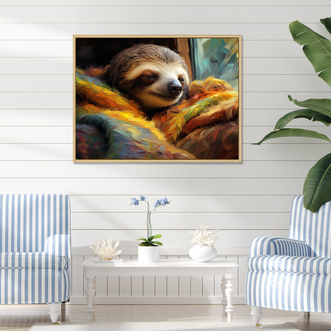 Grey and yellow Sloth Serenity sleep - Sloth Large Canvas Wall Art