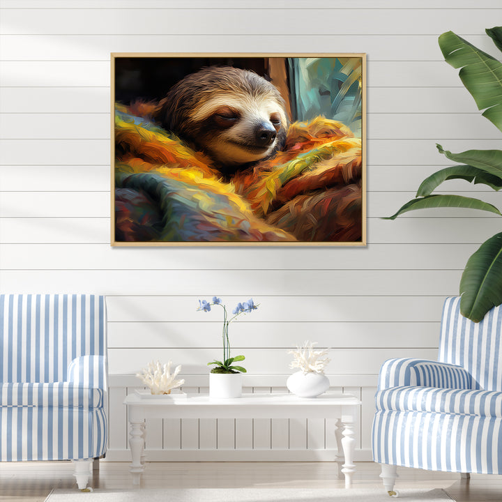 Grey and yellow Sloth Serenity sleep - Sloth Large Canvas Wall Art
