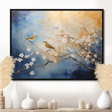 Gold and blue birds on floral tree - Animals Canvas Wall Art