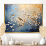 Gold and blue birds on floral tree - Animals Canvas Wall Art