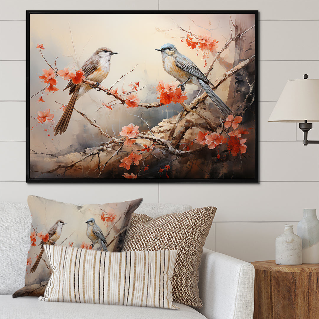 Vintage birds on pink blossom tree - Orange Bird Wall Art