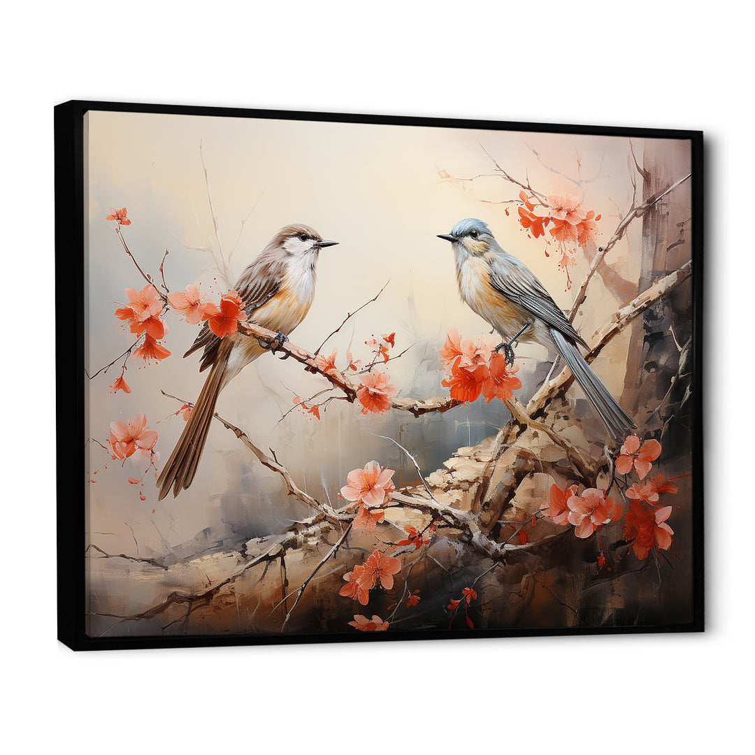 Vintage birds on pink blossom tree - Orange Bird Wall Art
