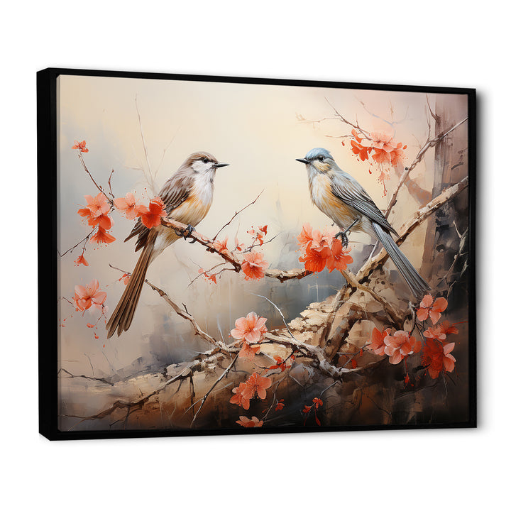 Vintage birds on pink blossom tree - Orange Bird Wall Art