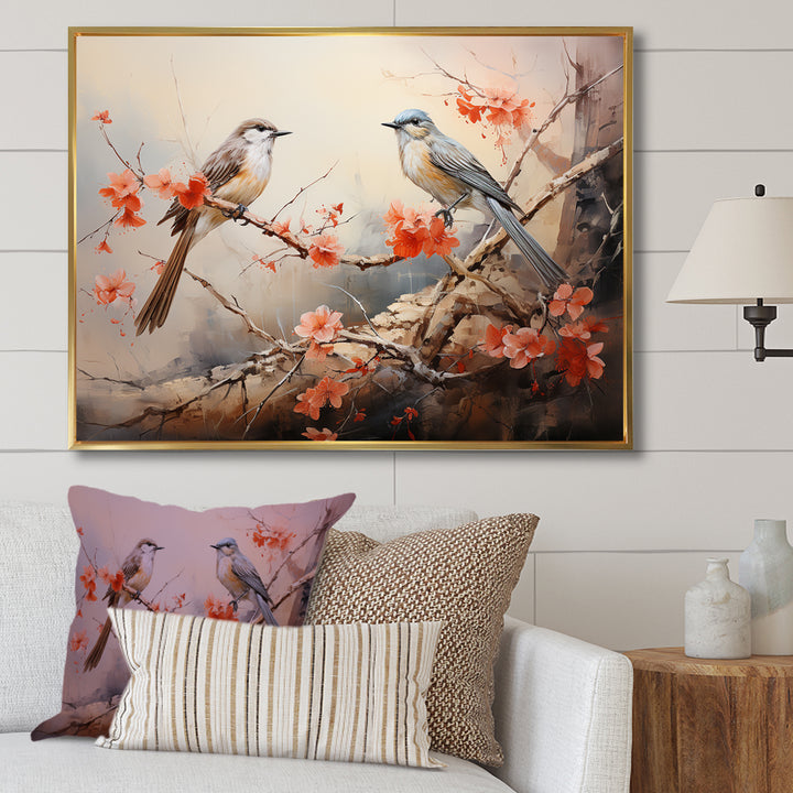 Vintage birds on pink blossom tree - Orange Bird Wall Art