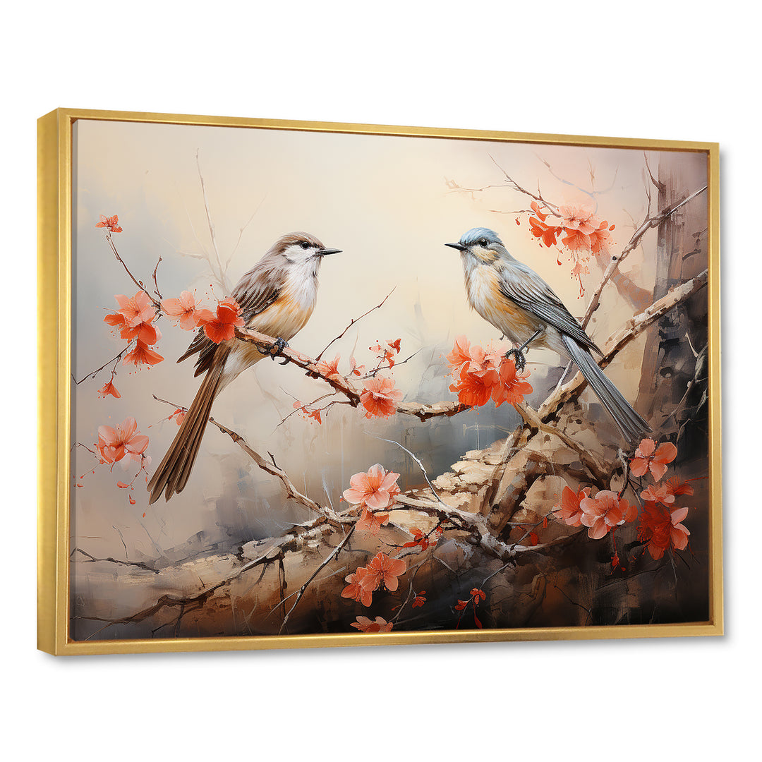 Vintage birds on pink blossom tree - Orange Bird Wall Art
