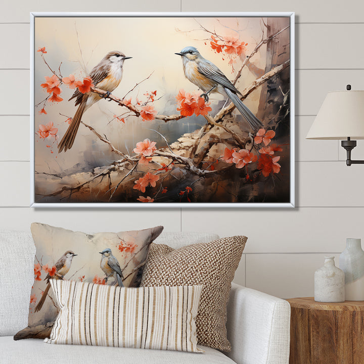 Vintage birds on pink blossom tree - Orange Bird Wall Art