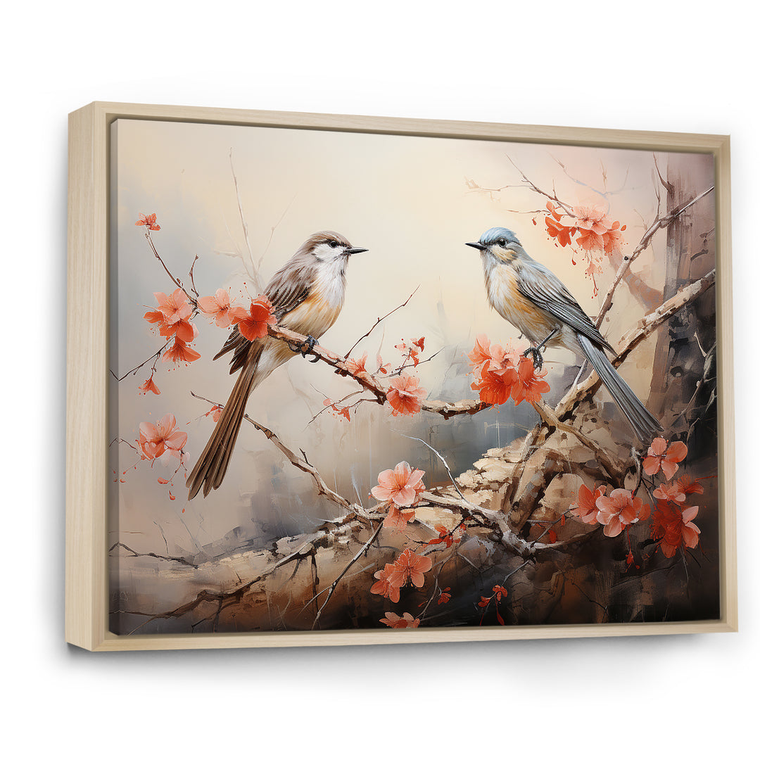 Vintage birds on pink blossom tree - Orange Bird Wall Art