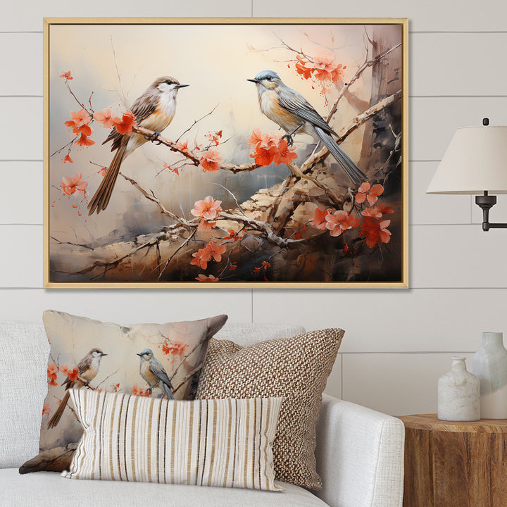 Vintage birds on pink blossom tree - Orange Bird Wall Art