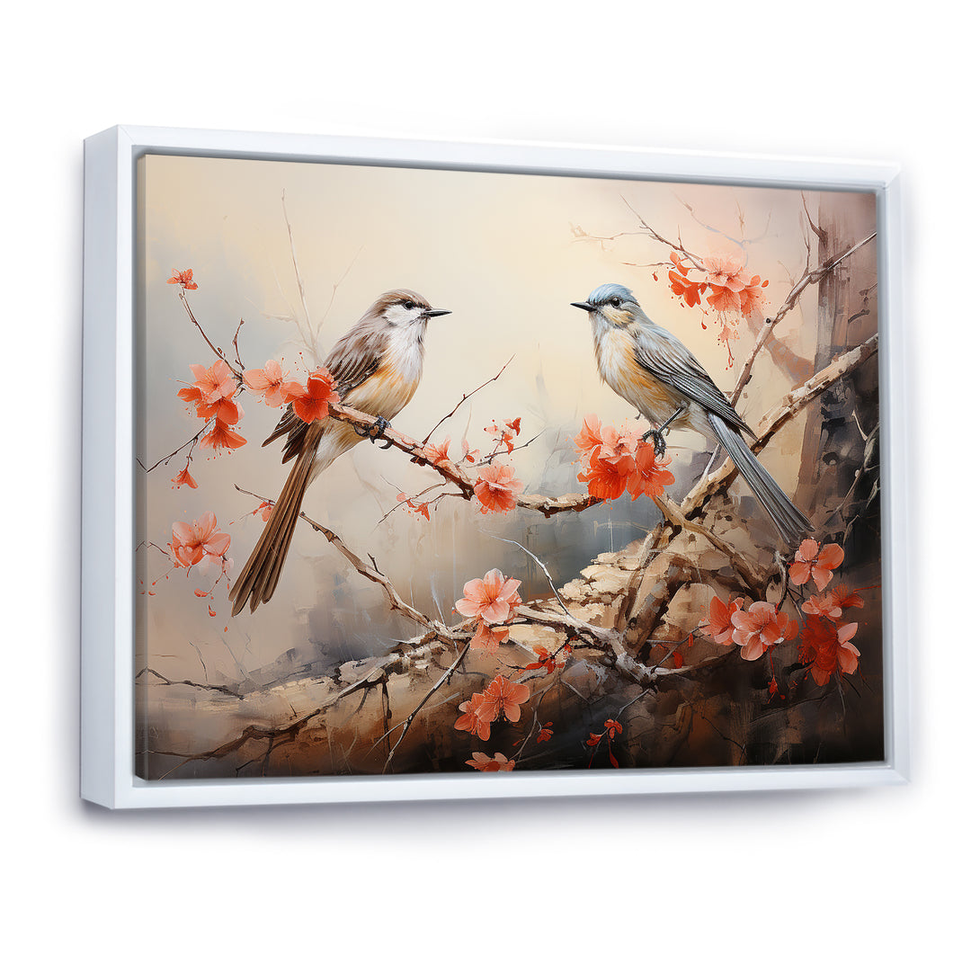 Vintage birds on pink blossom tree - Orange Bird Wall Art