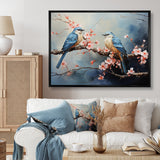 Sakura blue birds on pink blossom tree - Bird Framed Canvas Art