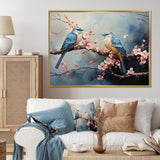 Sakura blue birds on pink blossom tree - Bird Framed Canvas Art