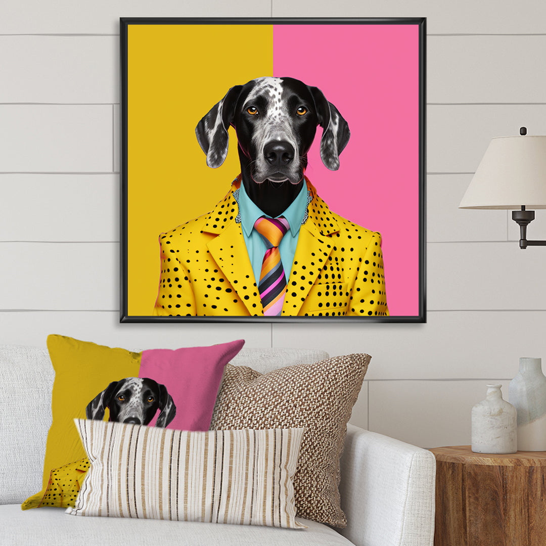 Yellow and pink Fashion first suited dog - Pink Dog Wall Art