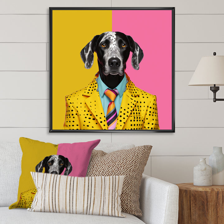 Yellow and pink Fashion first suited dog - Pink Dog Wall Art