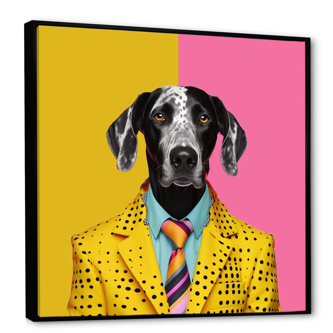 Yellow and pink Fashion first suited dog - Pink Dog Wall Art