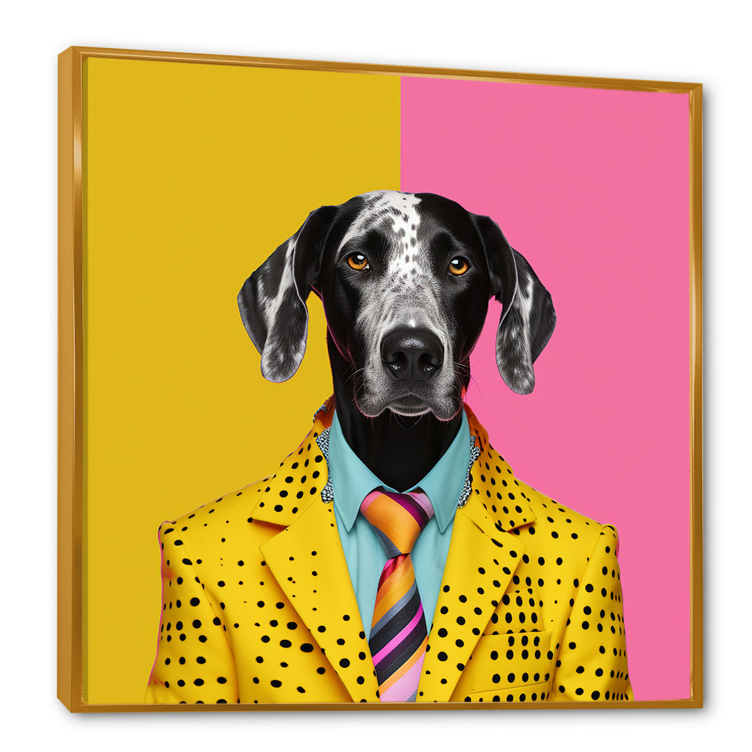 Yellow and pink Fashion first suited dog - Pink Dog Wall Art