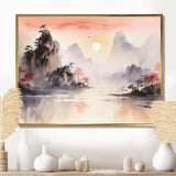 Orange Tranquil Chinese landscape serenity I - Landscapes Canvas Wall Art