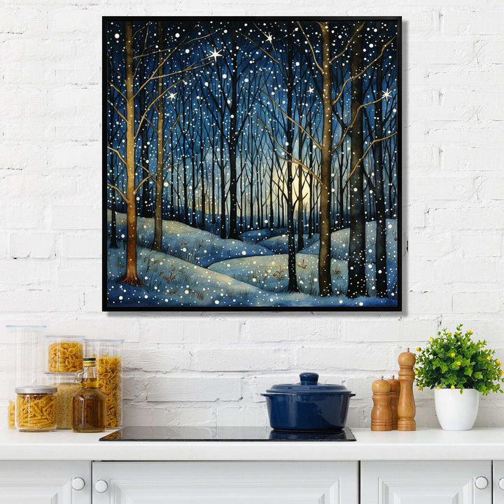 Festive starry night Winter Woodscape - Food &amp; Beverage Canvas Wall Art
