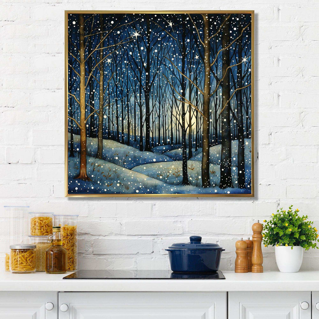 Festive starry night Winter Woodscape - Food &amp; Beverage Canvas Wall Art