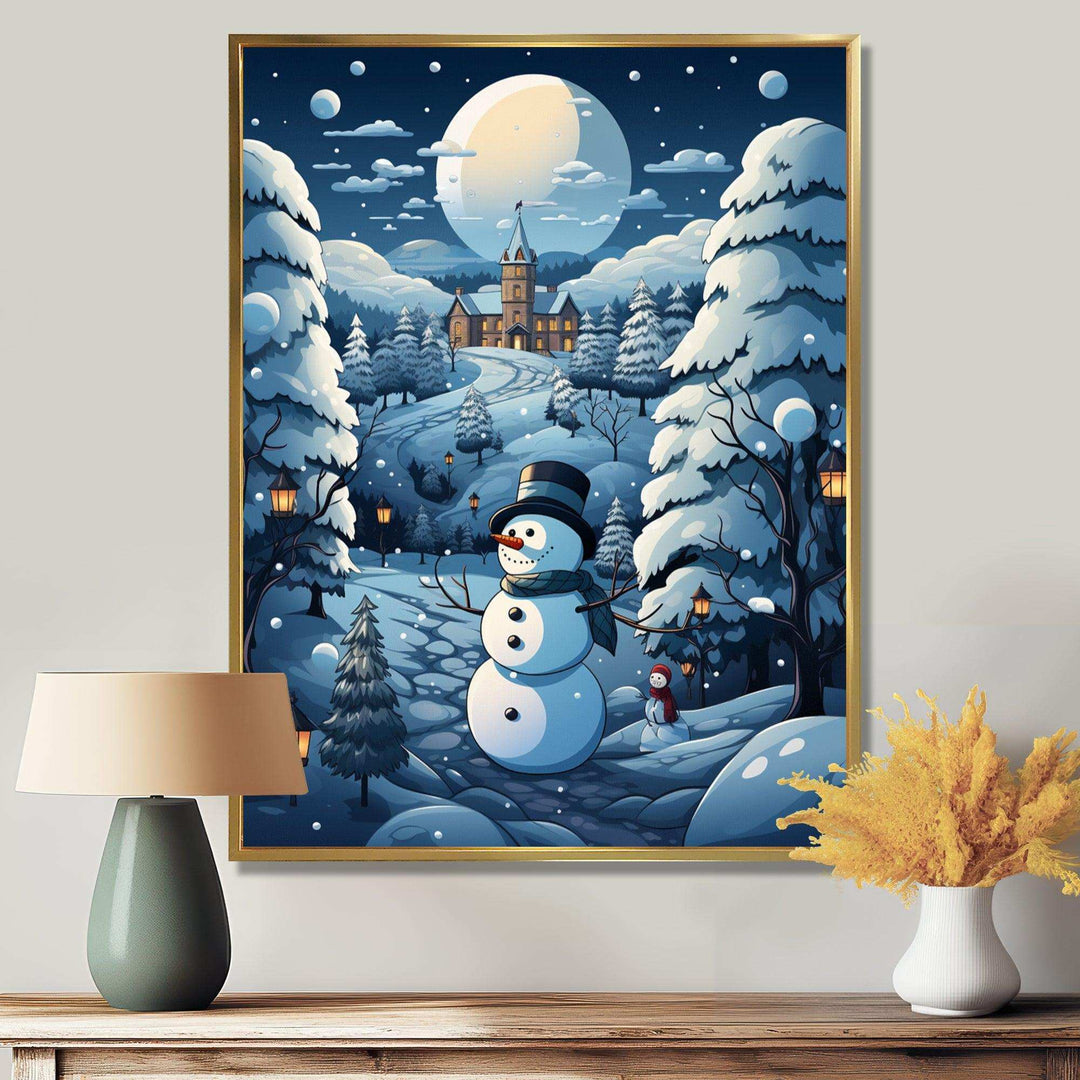 Blue and white Frosty snowman landscape II - Landscapes Canvas Wall Art