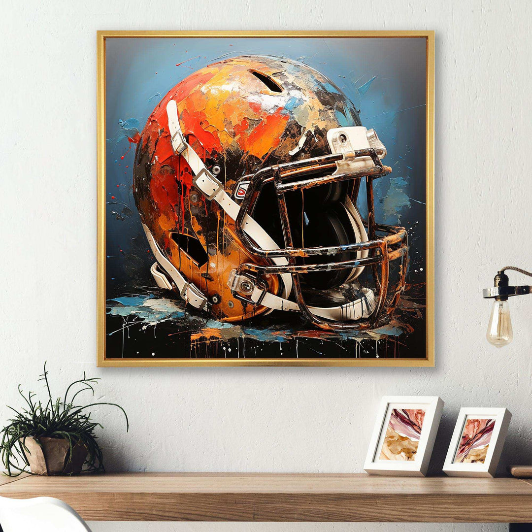 Designart Orange And Black Football Helmet Sport Football Wall Art - Modern Wrapped Canvas Wall Decor For Hallway