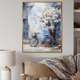 White and blue florals bicycle - Transportation Canvas Wall Art