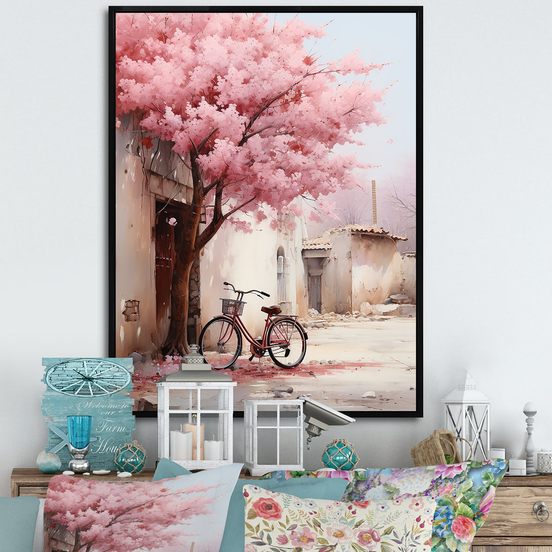Pink and white springtime florals bicycle I - Bicycle Canvas Wall Art