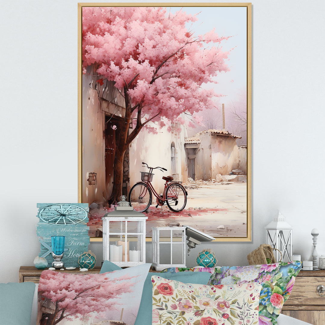 Pink and white springtime florals bicycle I - Bicycle Canvas Wall Art
