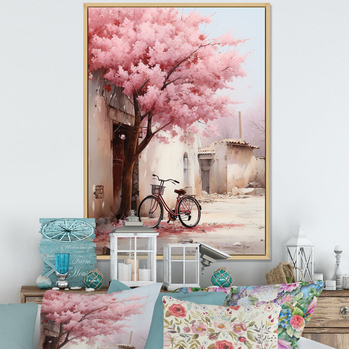 Pink and white springtime florals bicycle I - Bicycle Canvas Wall Art